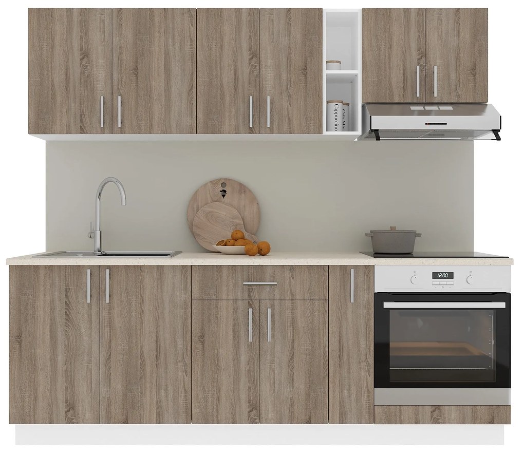Set Bucatarie Karo V14, Stejar Sonoma Inchis/Alb, Blat Thermo 28 mm, L 220 cm