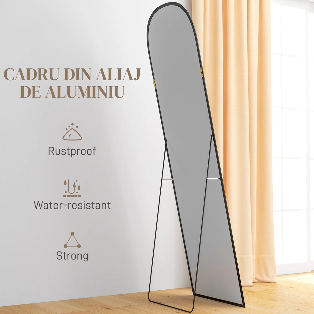 HOMCOM Oglindă de Podea și Perete Modernă din Aliaj de Aluminiu cu Suport Pliabil, 50x170 cm, Neagră | Aosom Romania