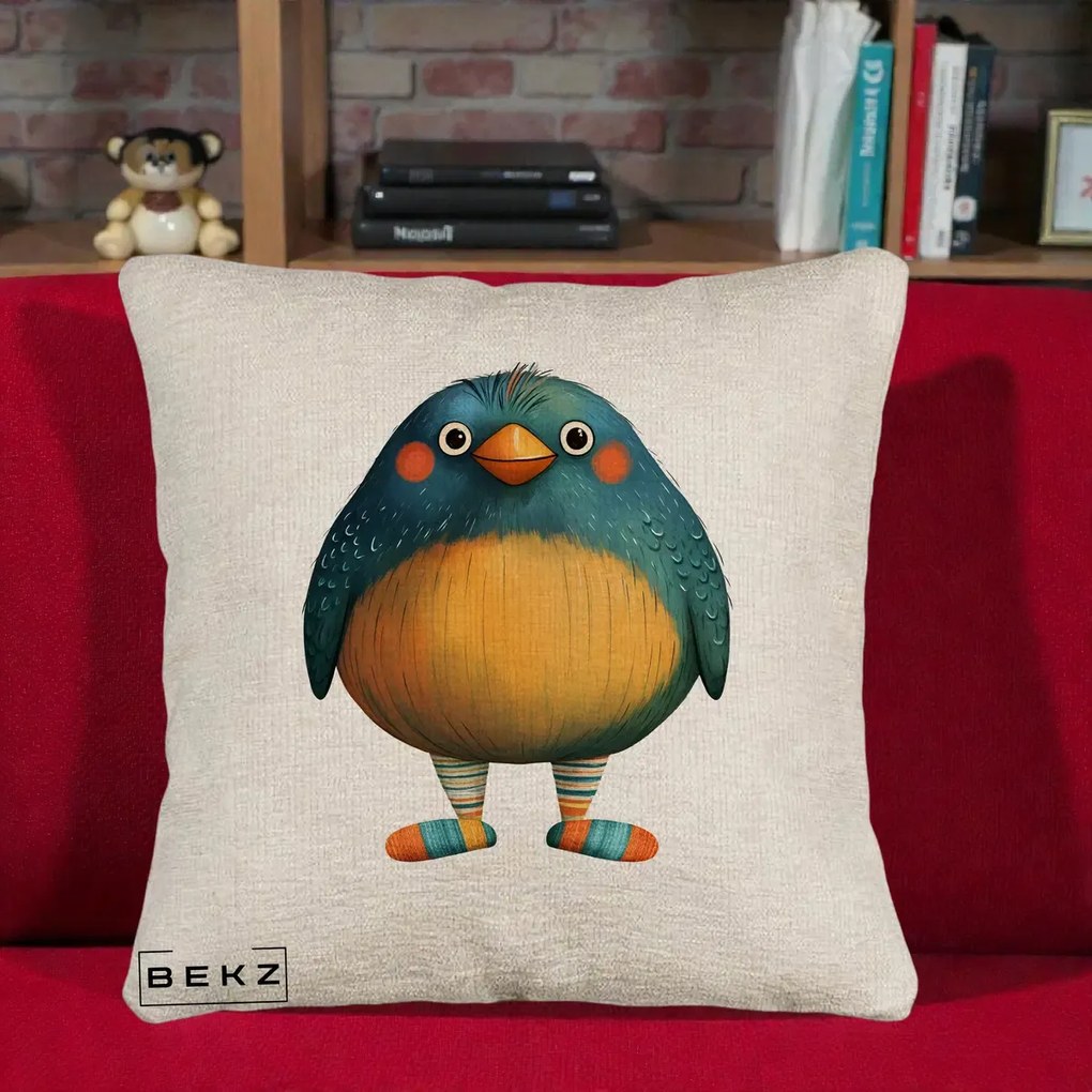 Perna Decorativa Pasare Teal cu Sosete Dunghi, 40x40 cm, Bej Canapea, Husa Detasabila, Perna Inclusa, BEKZ®