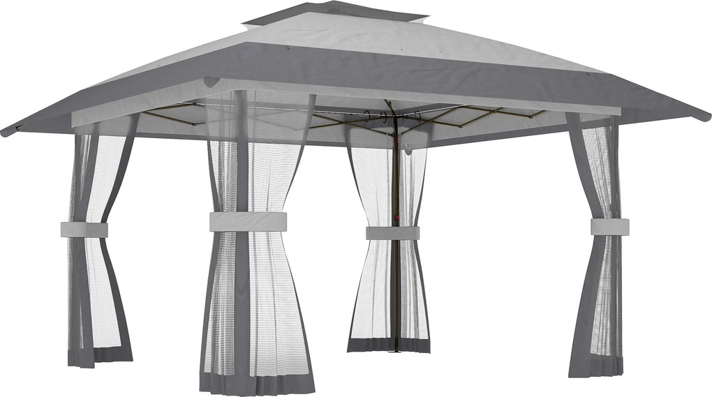 Outsunny Pavilion 4x4m Impermeabil Reglabil pe înălțime Pop-up Pavilion pliant cu dublu acoperiș 4 laterale din plasă, UV 30+Gri deschis | Aosom Romania