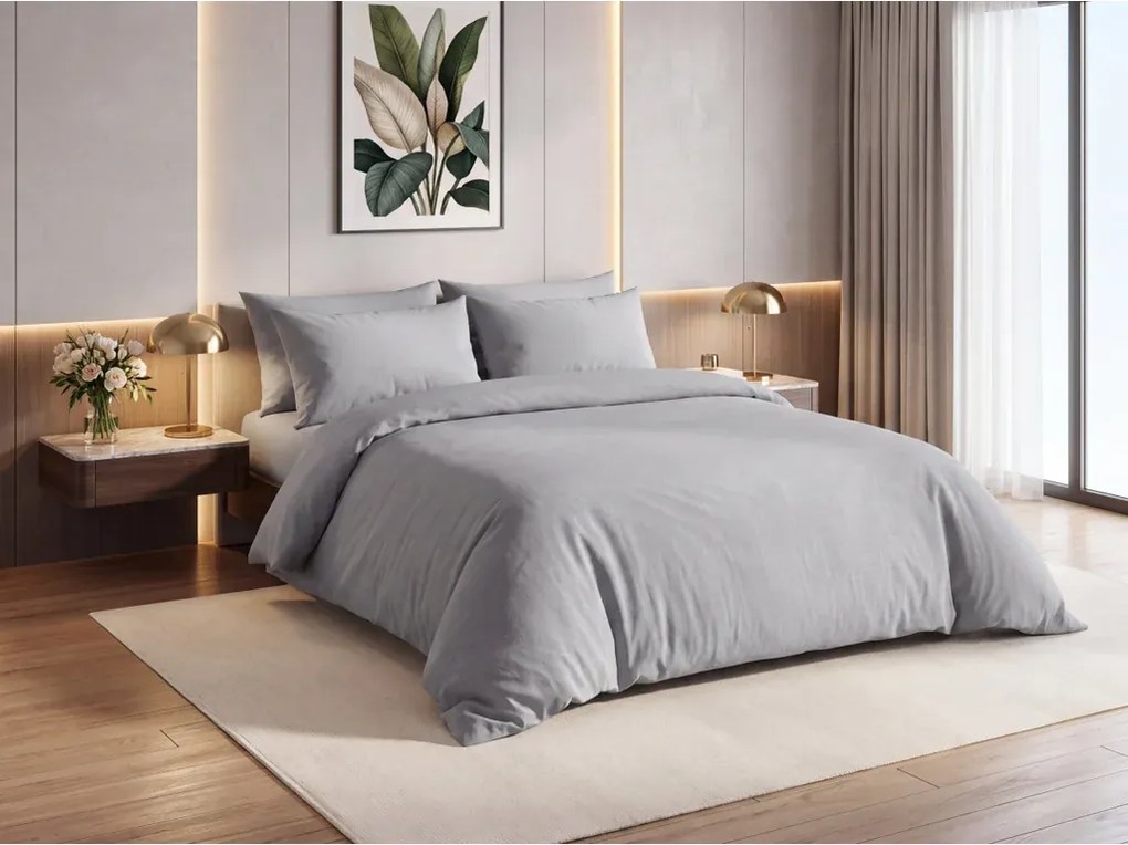 Set lenjerie de pat creponata DENYX BLEND gri, buzunar hotel + Cearsaf Jersey 90 x 200 cm gri inchis, pat single