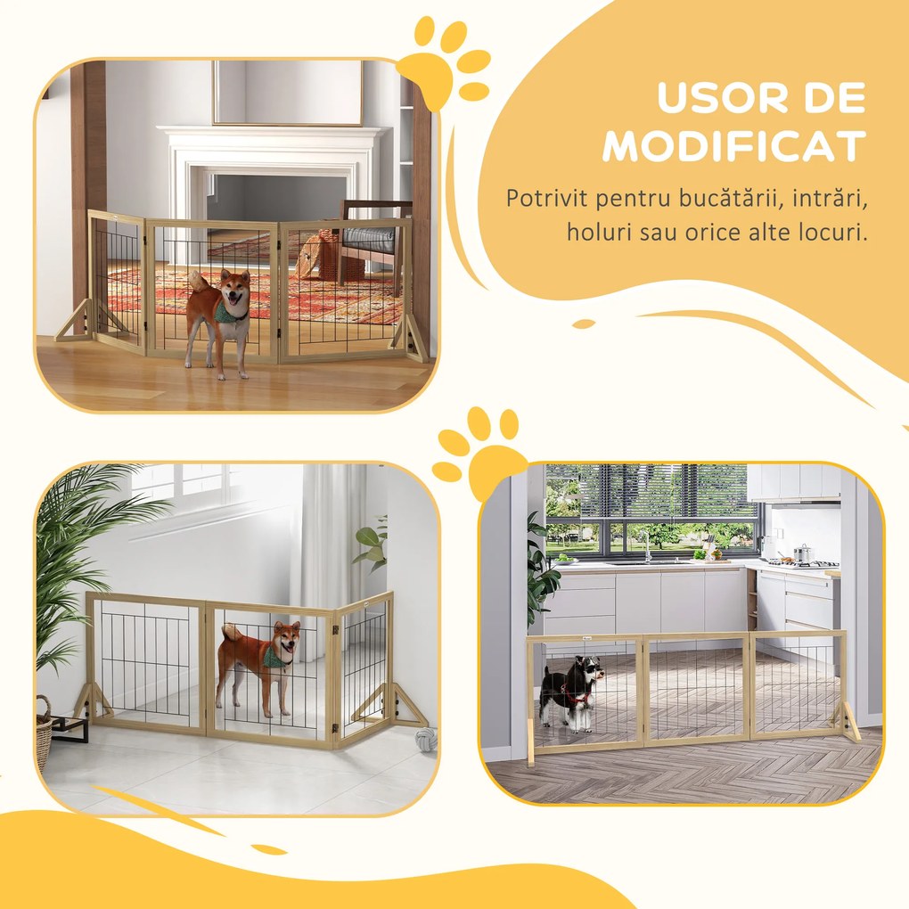 PawHut Gard pliabil pentru câini, gard de siguranță pentru animale de companie și căței cu 3 panouri și suporturi triunghiulare, 210x70 cm, lemn natural | Aosom Romania