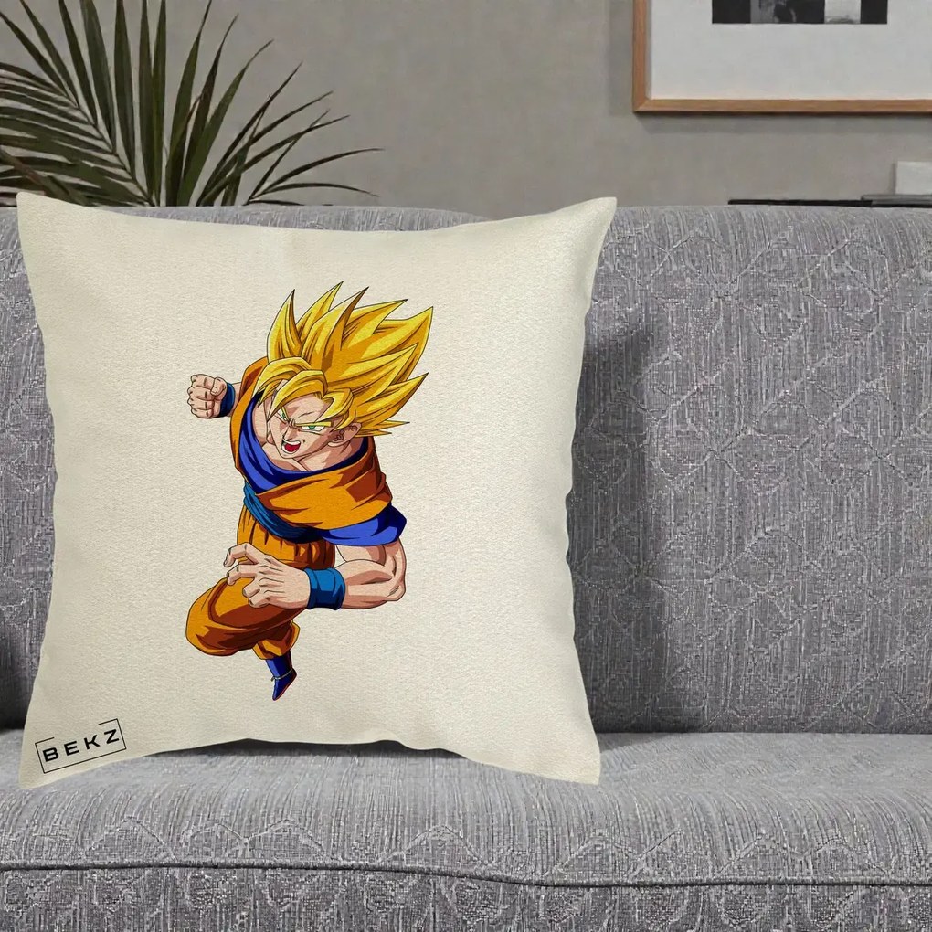 Perna Personalizata Dragon Ball Goku Super Saiyan 2 Lupta, 40x40 cm, Ecru, Husa Detasabila, Perna Inclusa, BEKZ®