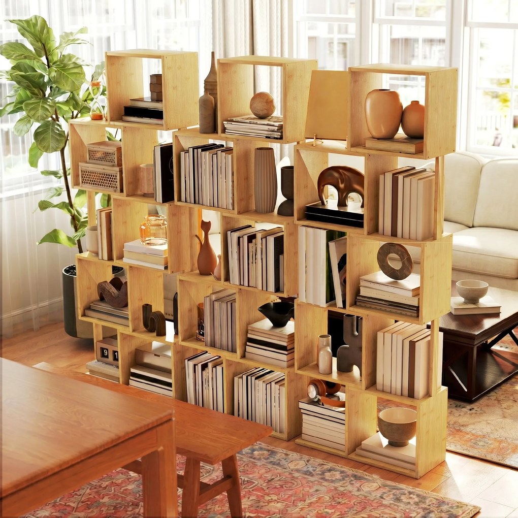 HOMCOM Librărie modernă și asimetrică cu 5 niveluri din bambus, 62.5 x 23 x 165 cm, lemn | Aosom Romania