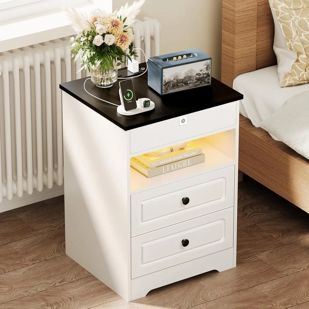 NOA73 - Set 2x Noptiere 43 cm, cu 3 sertare si raft, Priza, USB si Blocare cu Amprenta, dormitor - Alb - Negru