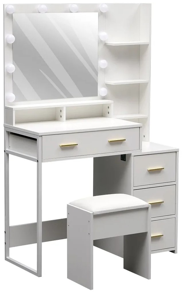 Set FREYA – Masă de Toaletă pentru Machiaj, Oglindă 10 becuri LED, Iluminare reglabila, Sertare, Rafturi, modul incarcare dubla priza+USB, Scaun, Alb