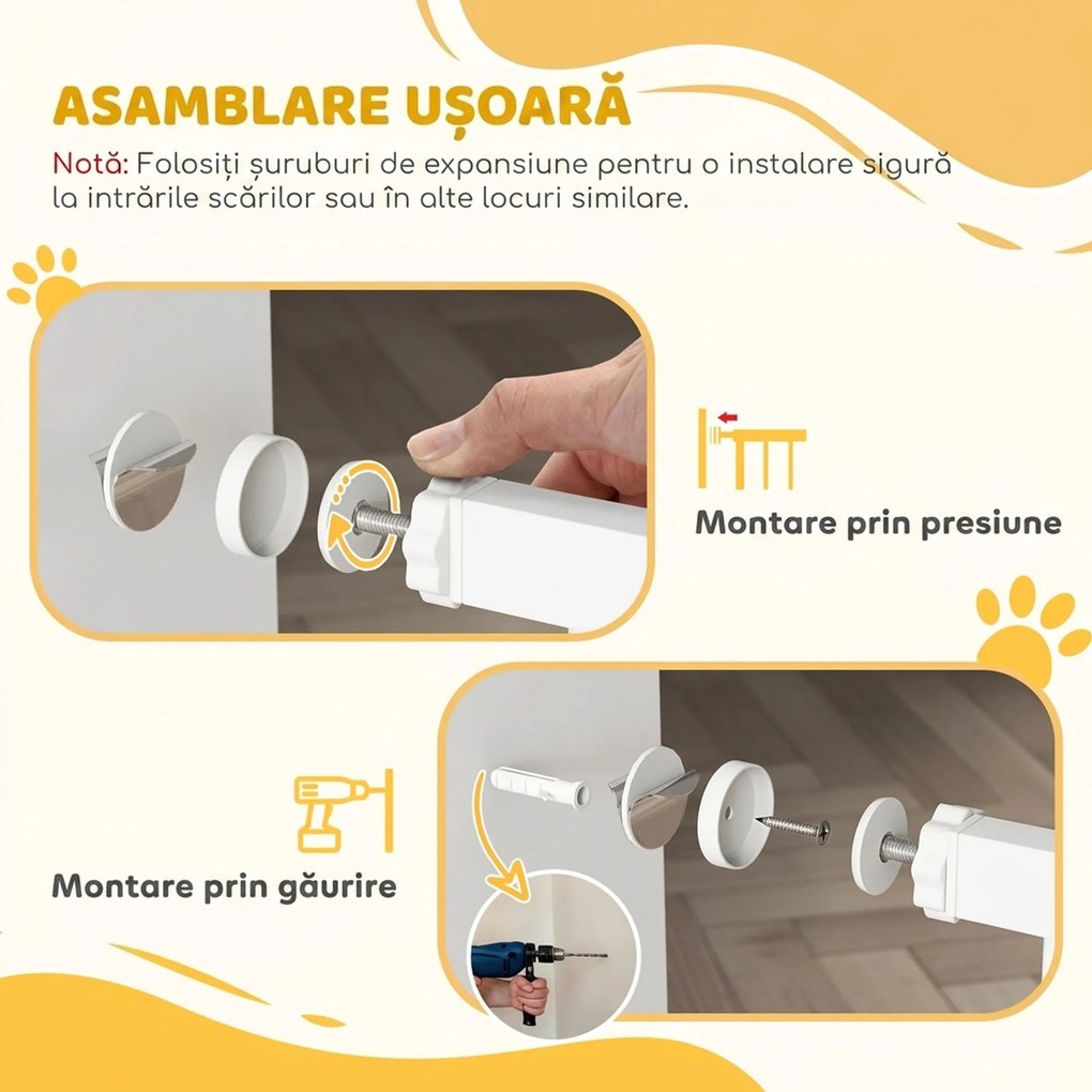 PawHut Poartă de Siguranță Extensibilă pentru Câini 76-104 x 106 cm, Deschidere cu O Singură Mână, Alb | Aosom Romania