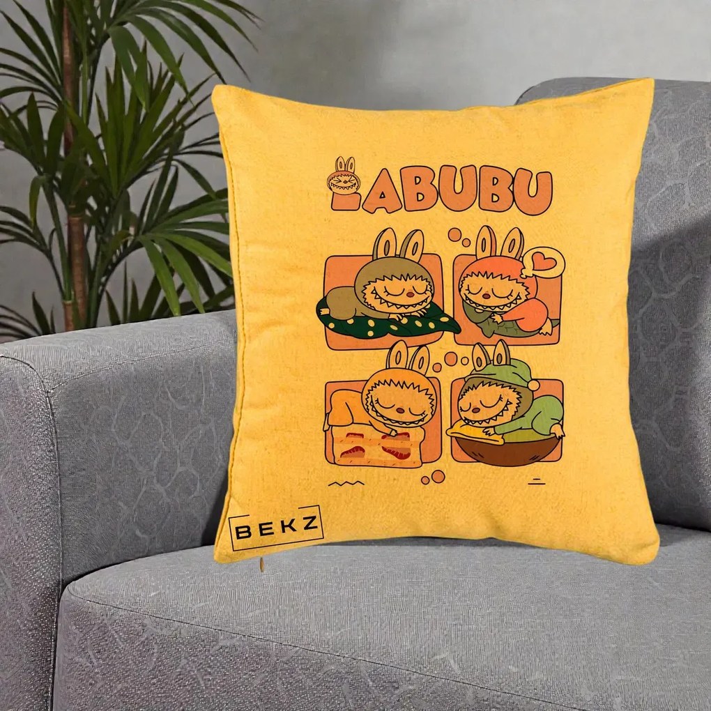 Perna Personalizata Labubu Sleeping Quad Grid, 40x40 cm, Galben, Husa Detasabila, Perna Inclusa, BEKZ®