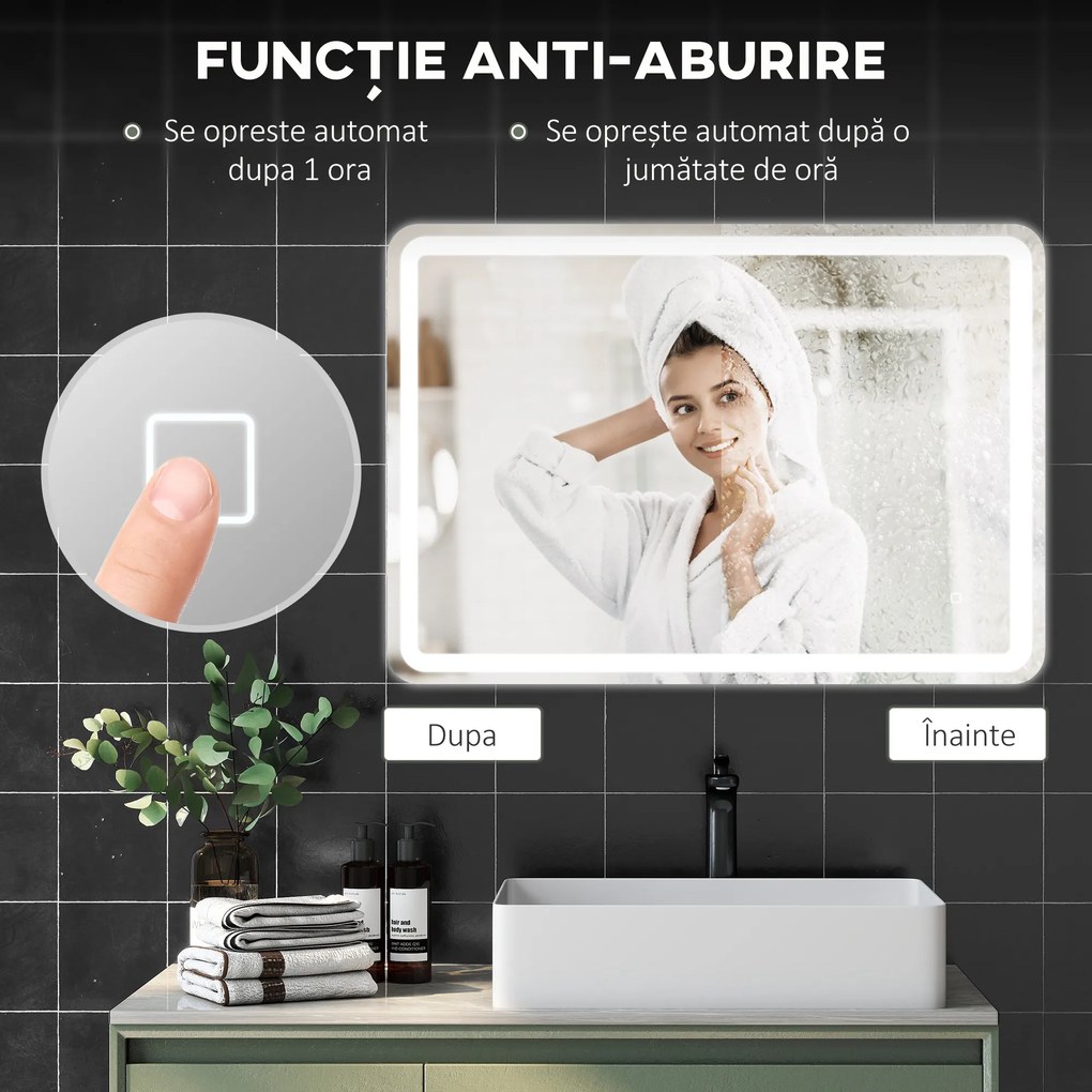 kleankin Oglinda pentru Baie cu Lumini LED, 70x 4 x 100cm, Argintiu | Aosom Romania