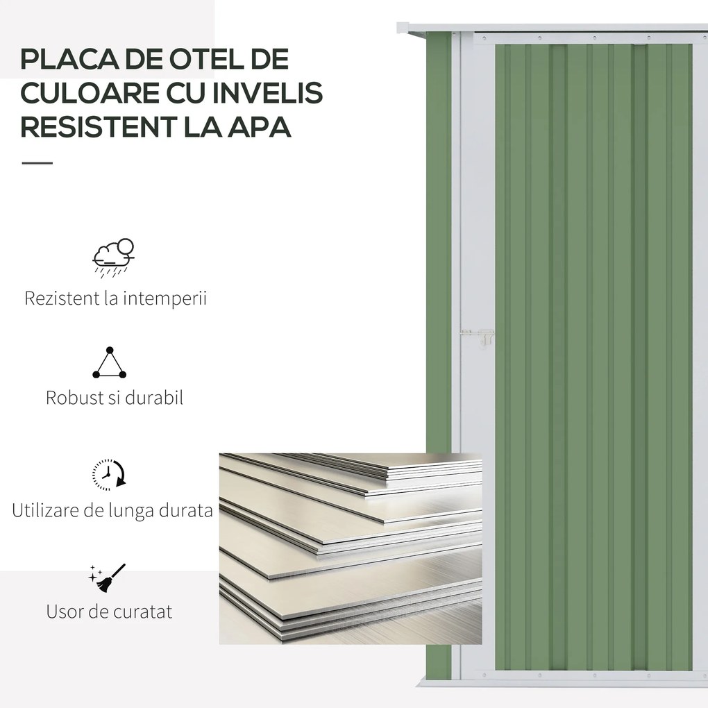 Outsunny Magazie de Gradina sopron Pentru Unelte din Otel, casuta de Gradina Usi Glisante, 142x84x189cm, Verde | AOSOM RO