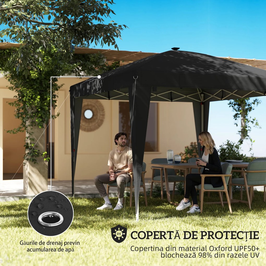 Outsunny Gazebo 3x3 m Pliabil Pop Up cu Înălțime Reglabilă, UV50+, Gazebo de Grădină cu Lumină Centrală și USB, Telecomandă, Geantă de Transport, pentru Exterior, Camping, Petreceri, Negru | Aosom Romania