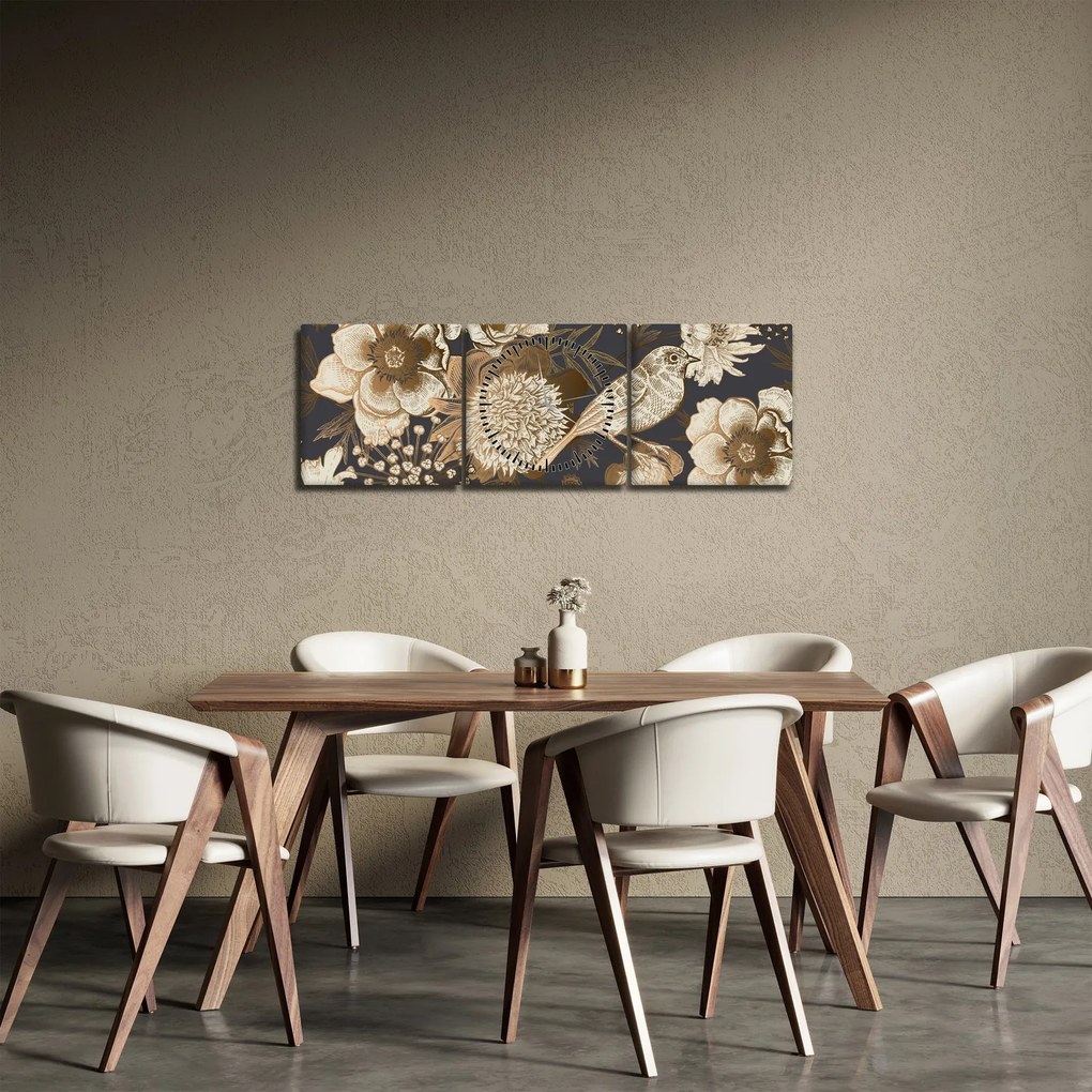 Tablou - Flori aurii pe fundal întunecat (cu ceas) (90x30 cm)