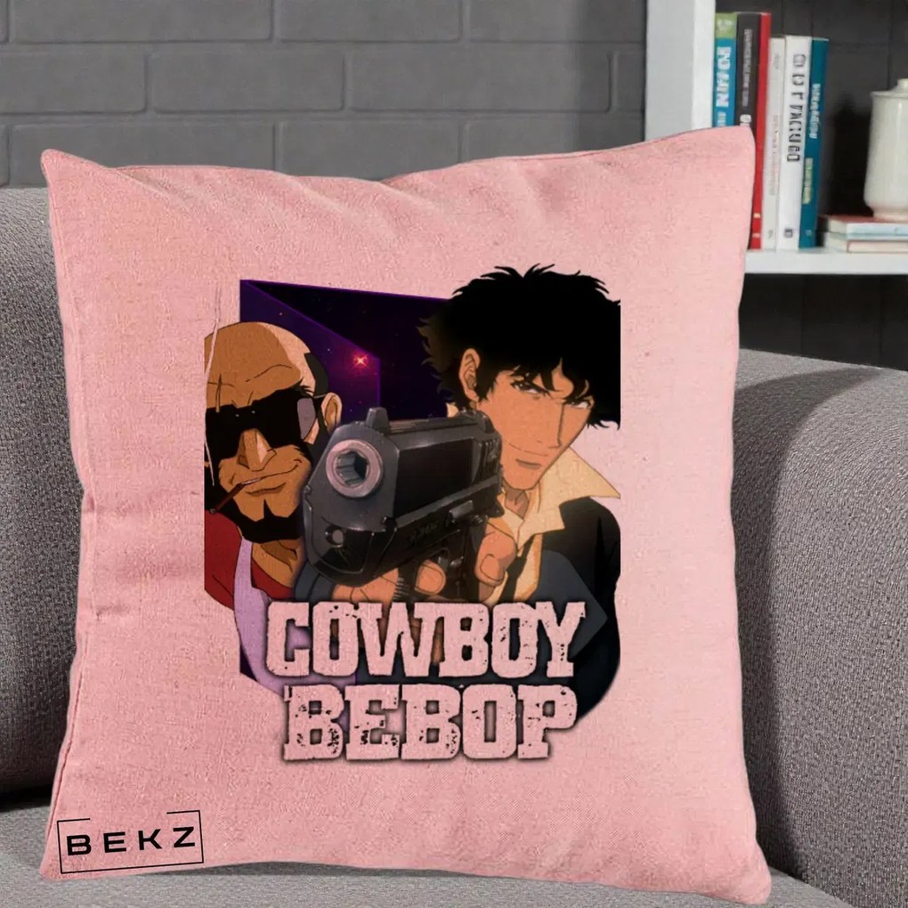 Perna Personalizata Cowboy Bebop Spike si Jet Poster, 40x40 cm, Roz, Husa Detasabila, Perna Inclusa, BEKZ®