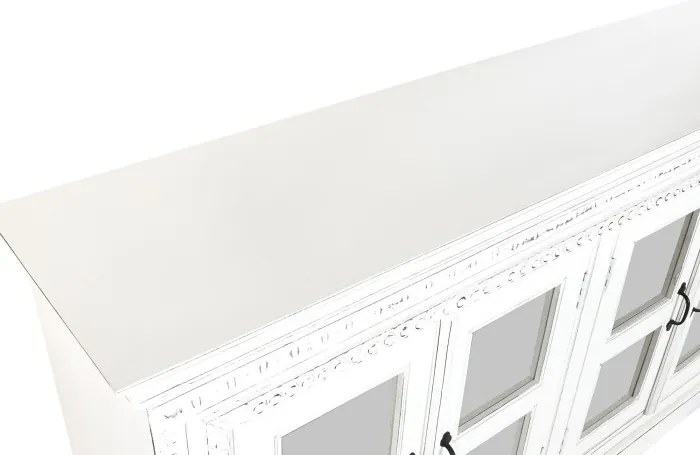 Bufet vintage din lemn de mango, alb, cu 4 uși vitrate și decor sculptat, 100 x 180 x 40 cm, „Belline”