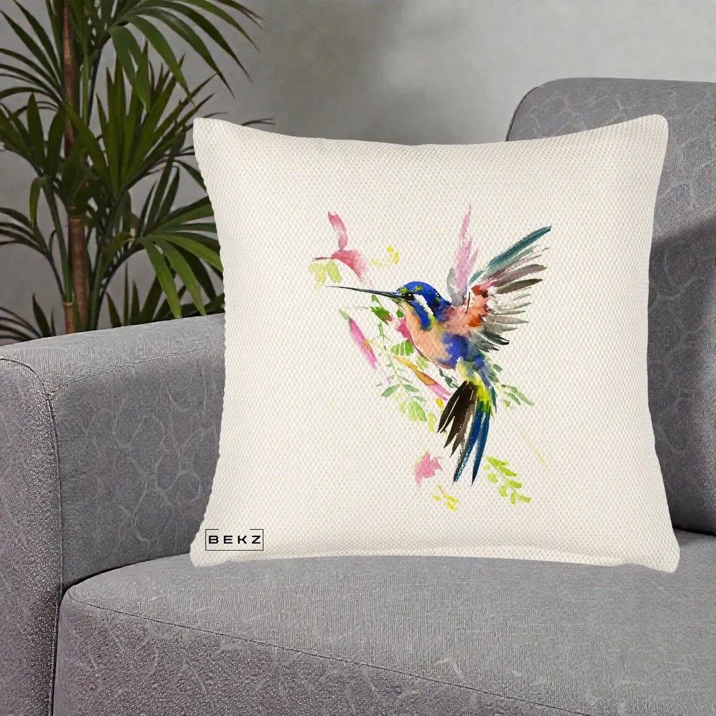 Perna Decorativa Colibri Acuarela, 40x40 cm, Crem Reliefat, Husa Detasabila, Perna Inclusa, BEKZ®