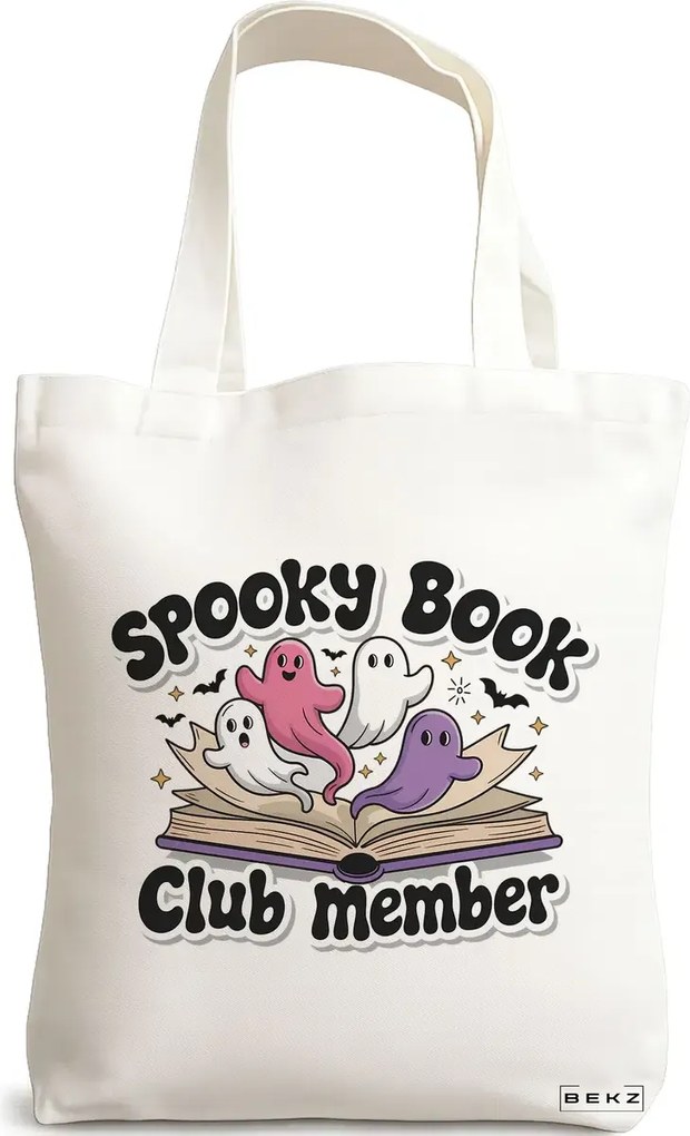 Sacosa de Panza pentru Cumparaturi, Geanta Tote, model Spooky book Club member 38 x 34.5 cm, Alba, BEKZ®