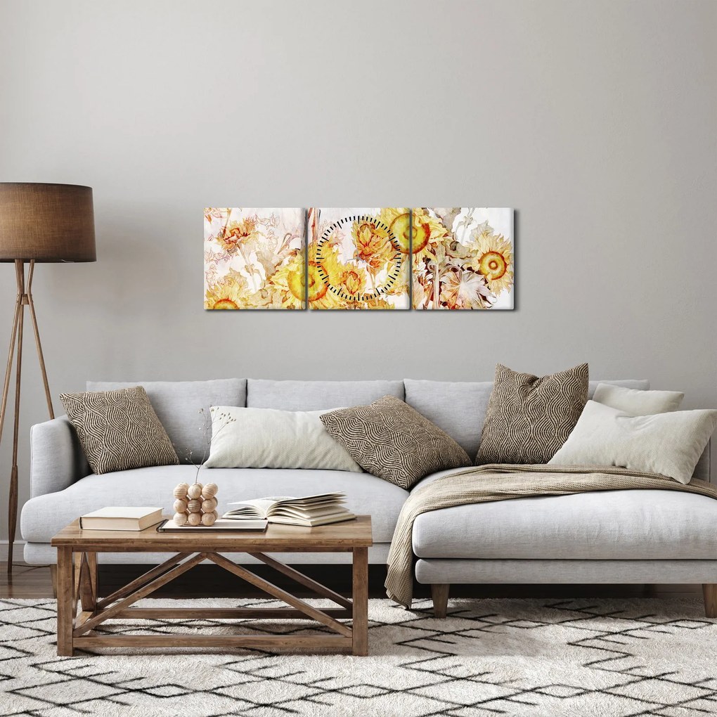 Tablou - Floarea-soarelui,pictură (cu ceas) (90x30 cm)