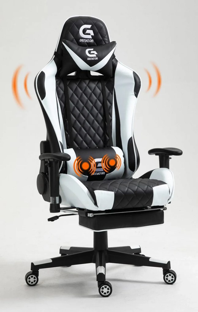 Scaun gaming cu masaj în perna lombară, sezut benzi elastice sustinere, cotiere 3D, suport picioare, funcție sezlong, Negru/Alb