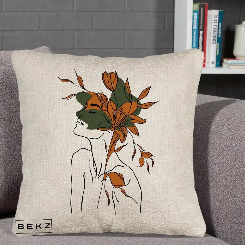 Perna Decorativa Portret Feminin Crin Auriu, 40x40 cm, Bej Canapea, Husa Detasabila, Perna Inclusa, BEKZ®