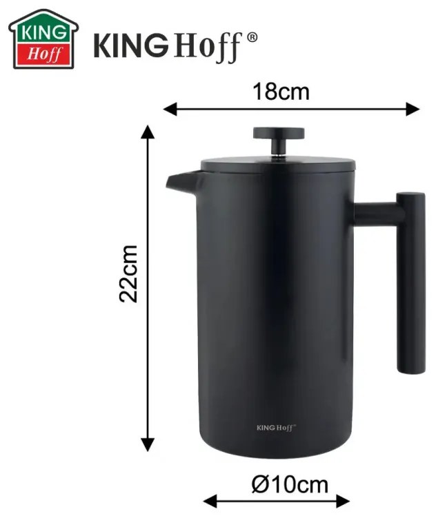 Presă franceză pentru cafea/ceai Kinghoff KH 1996, 1 l, Oțel inoxidabil, Pereți dubli, Negru