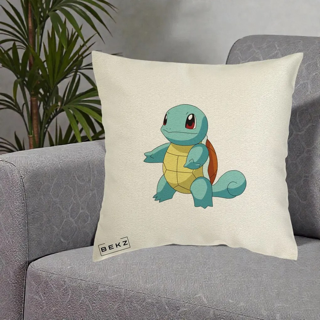 Perna Personalizata Squirtle Pokemon, 40x40 cm, Ecru, Husa Detasabila, Perna Inclusa, BEKZ®