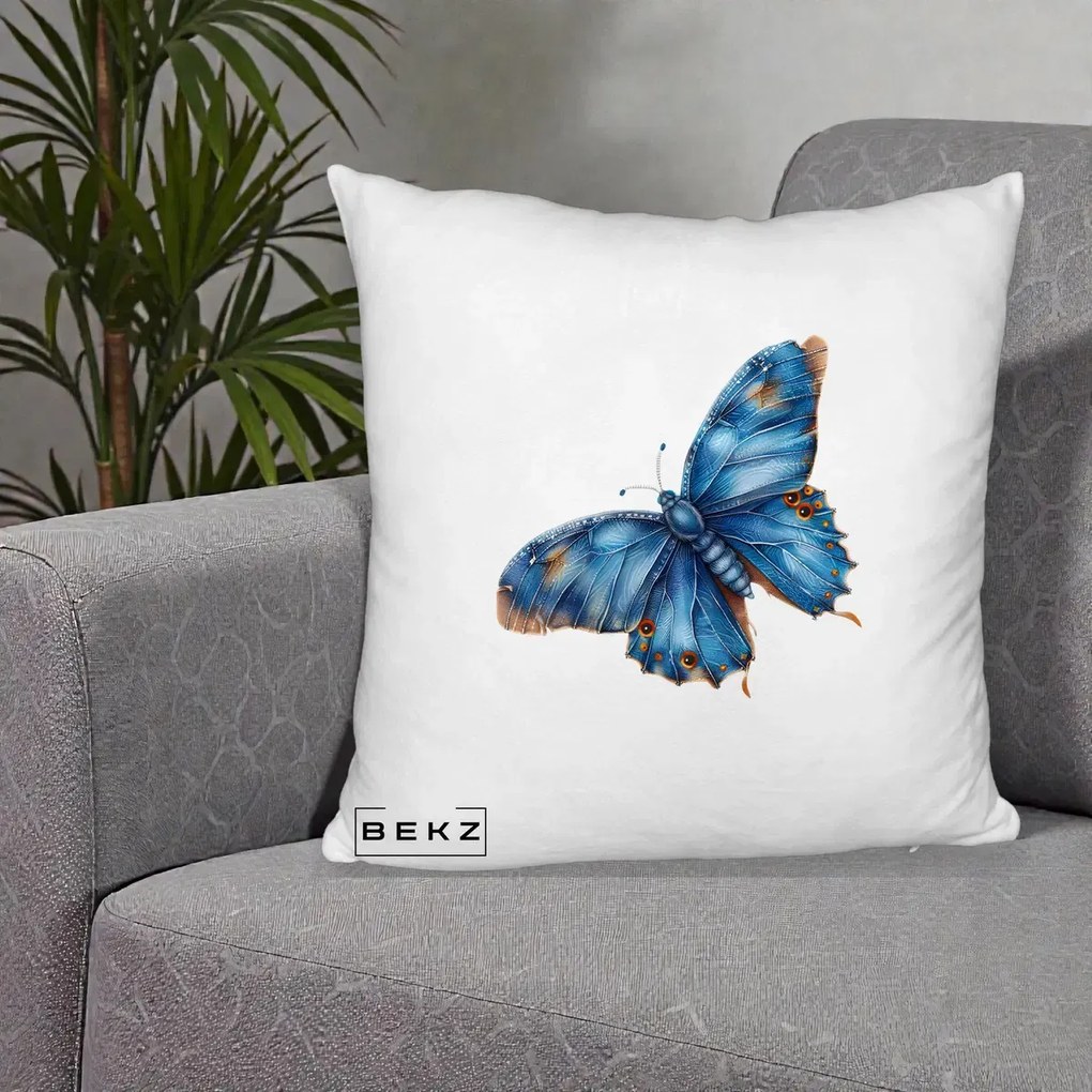 Perna Decorativa Fluture Albastru Satin cu Pete Aurii, 40x40 cm, Alb Pufos, Husa Detasabila, Perna Inclusa, BEKZ®