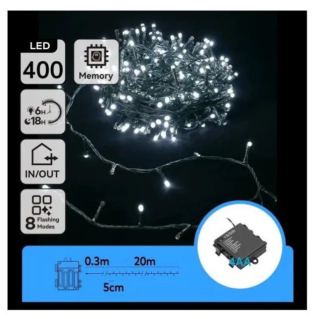 Aigostar - Ghirlandă LED de exterior pentru Crăciun 400xLED/8 funcții 4xAA 20,3 m alb rece