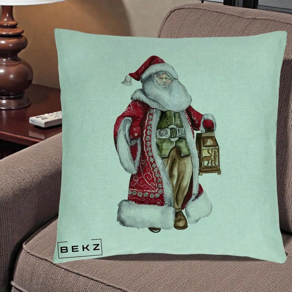 Perna decorativa de Craciun: Mos Craciun Vintage cu Felinar, 40x40 cm cu Umplutura, Verde Menta, BEKZ