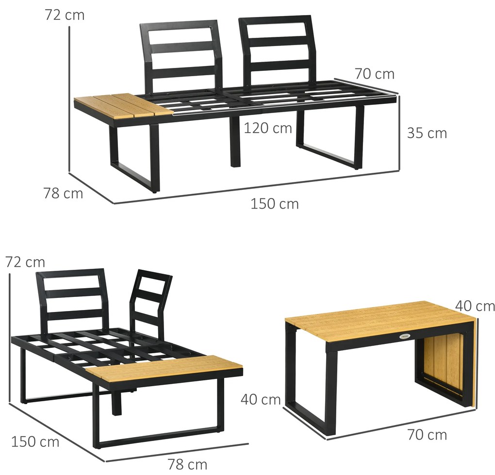 Outsunny Set de Mobilier de Grădină pentru 3 Persoane cu Perne de Ședere, Cadru din Aluminiu, Aspect de Lemn, Gri închis+Natur | Aosom Romania