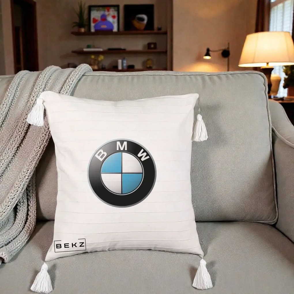 Perna Personalizata cu emblema BMW, 40x40 cm, Bej cu Franjuri, Husa Detasabila, Perna Inclusa, BEKZ®