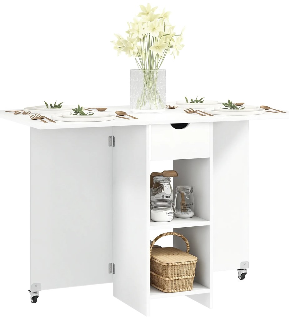 HOMCOM Masă pliantă pentru 2–4 persoane, masă de bucătărie rabatabilă cu depozitare, masă extensibilă pe roți, alb | Aosom Romania