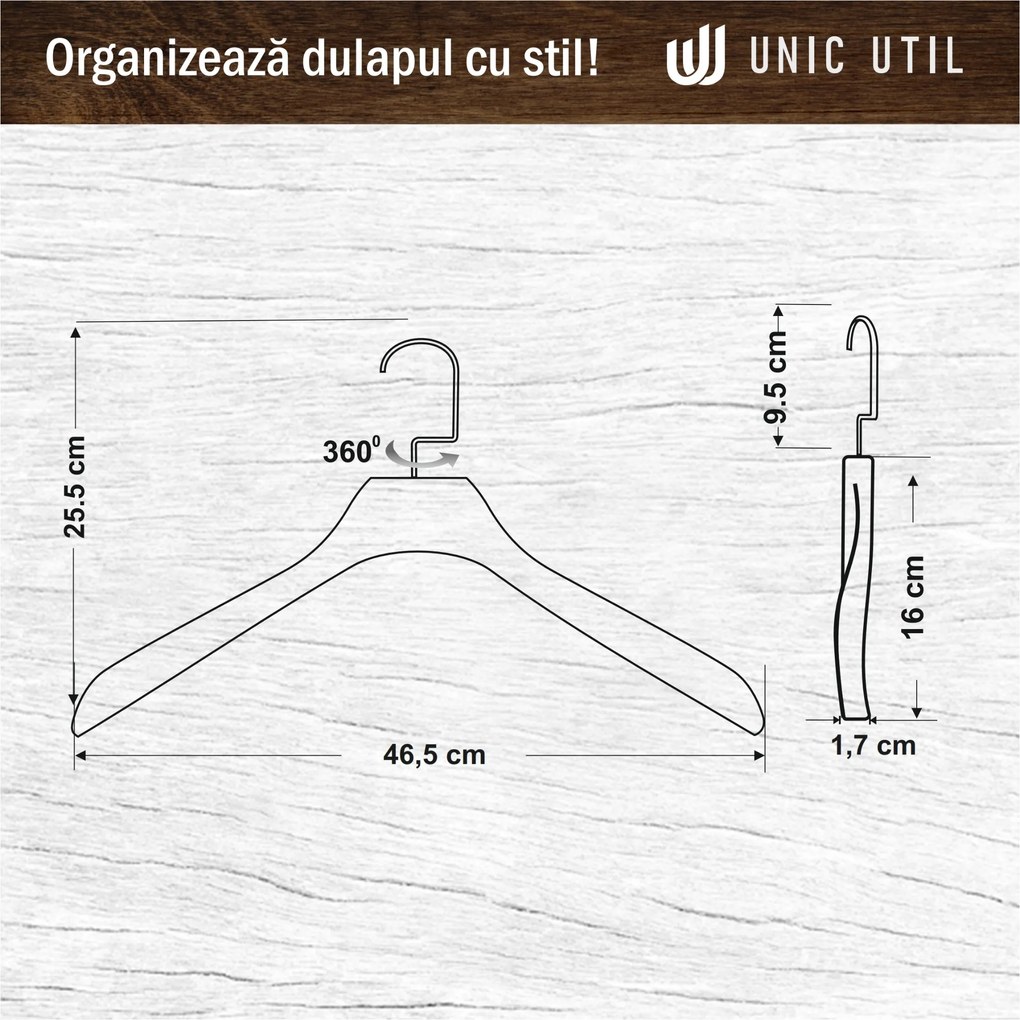 Umeras din lemn cu carlig rotativ, Solid Hanger, UnicUtil, 46.5 x 1.7 x 25.5 cm, Vintage, UUUM59