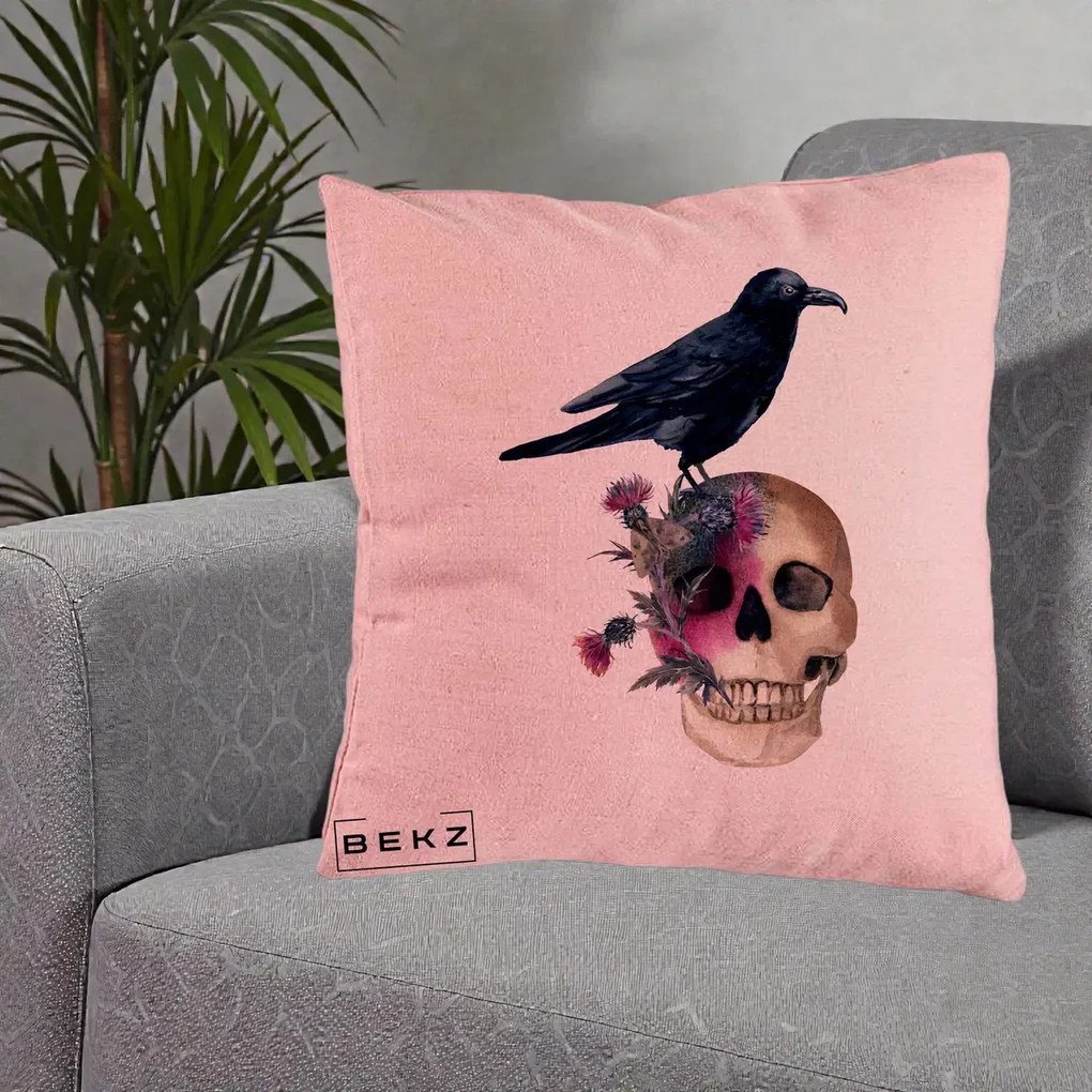 Perna Decorativa Craniu cu Corb si Flori Gothic, 40x40 cm, Roz, Husa Detasabila, Perna Inclusa, BEKZ®