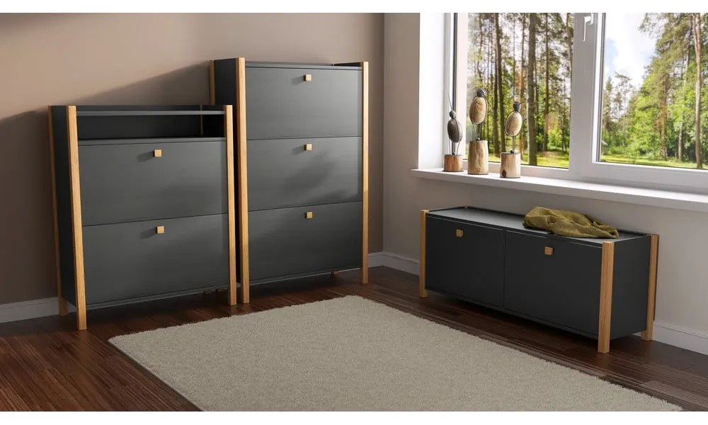 Bancă cu spațiu depozitare încălțăminte / pantofar Woodman Bode, gri închis