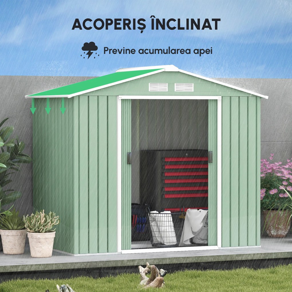 Outsunny Sopron de Gradina pentru Depozitare Unelte, 213x130x185cm, Verde Deschis