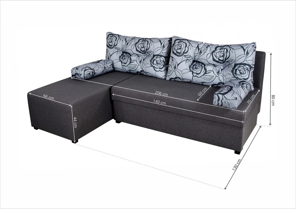 Coltar extensibil reversibil Modena Grey Flower 206 x 145 x 80 cm cu lada de depozitare