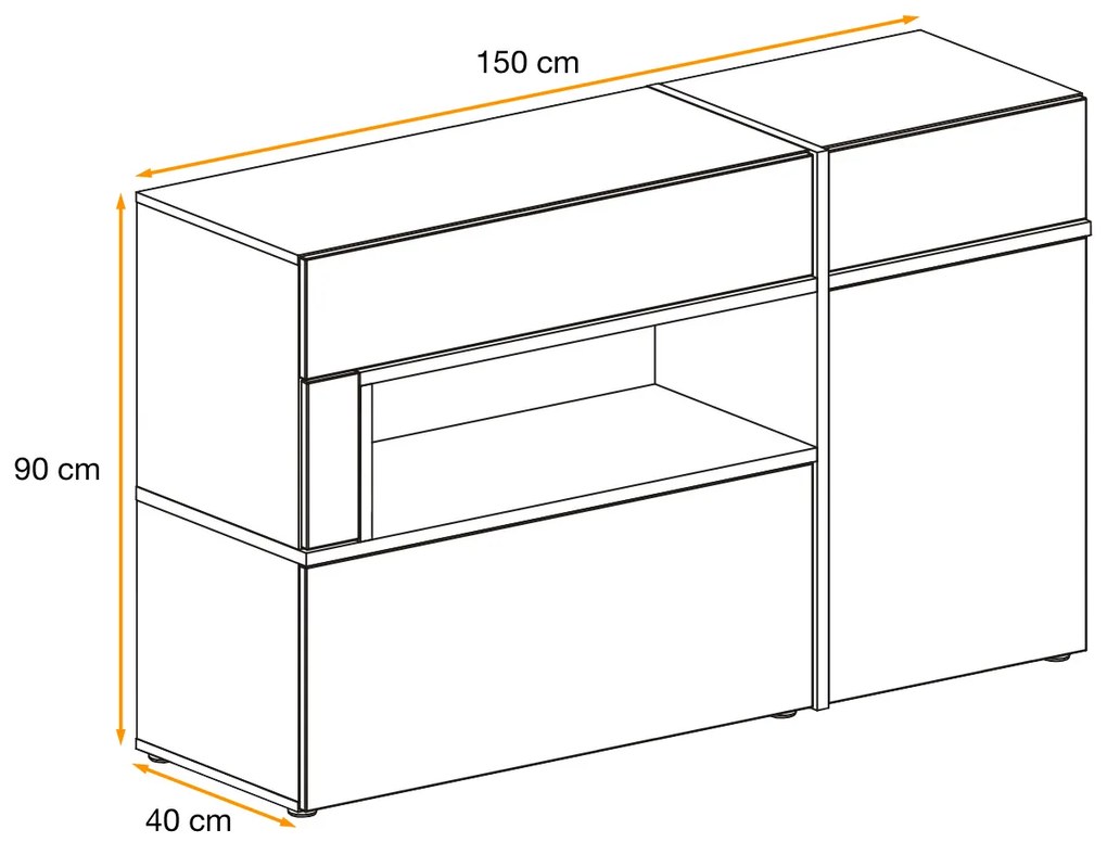 Comoda 150cm lungime x 90x 40 cm , 2 sertare 2 usi,  alb lucios alb stejar inchis , deschidere sertar si usi push open prin apasare, led , pentru