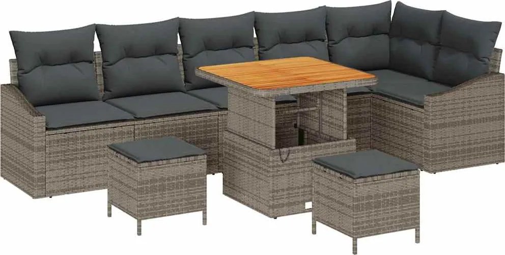 vidaXL Set de canapele pentru grădină cu pernă 9 pcs Gri poliratan