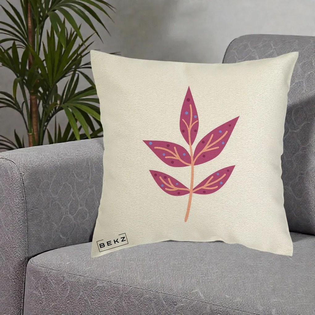 Perna Decorativa Ramura Botanica Mov, 40x40 cm, Ecru, Husa Detasabila, Perna Inclusa, BEKZ®