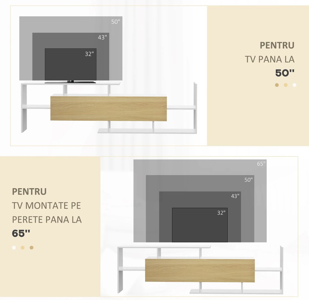 HOMCOM Dulap TV cu Raft de Perete, Rafturi Deschise și Dulăpior din Lemn, Mobilier TV Modern, 153,6x25x42 cm, Alb | Aosom Romania