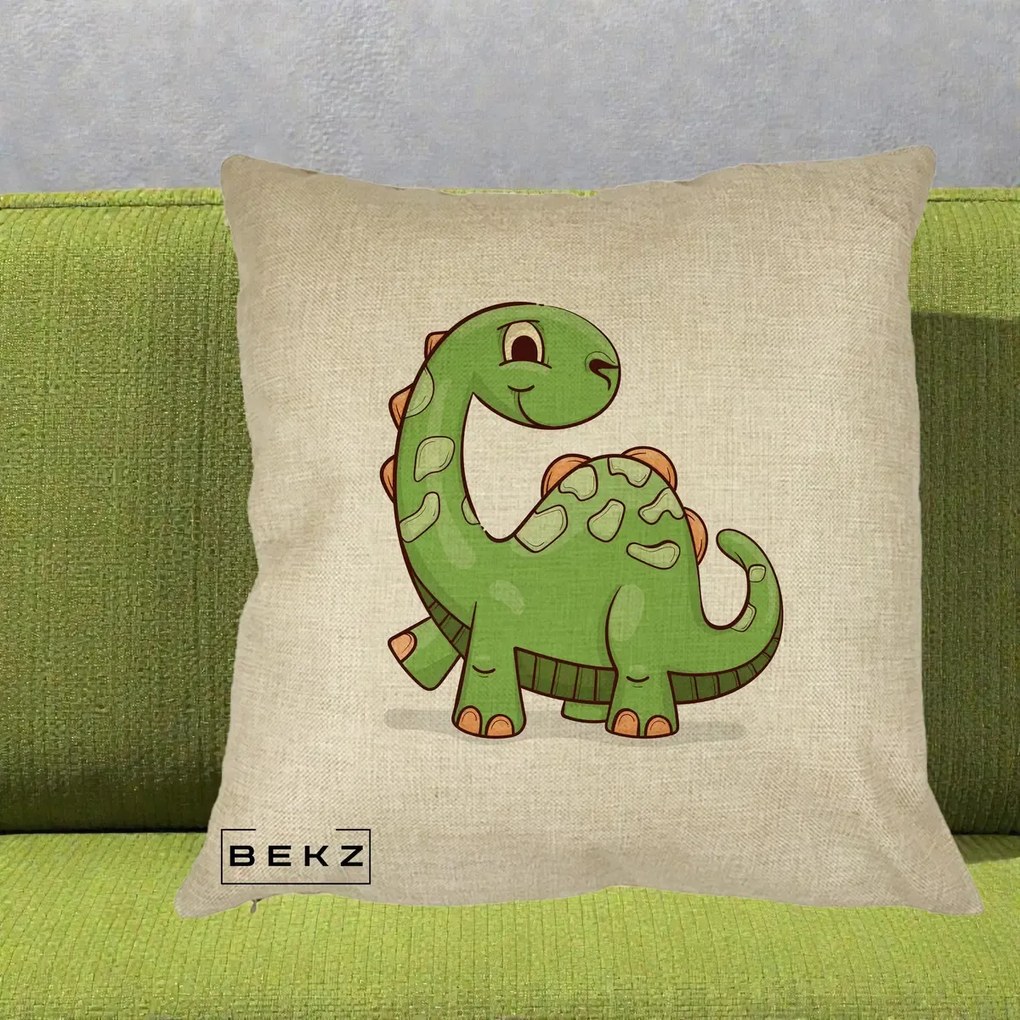 Perna Decorativa Brontosaur Verde Simpatic, 40x40 cm, Crem, Husa Detasabila, Perna Inclusa, BEKZ®