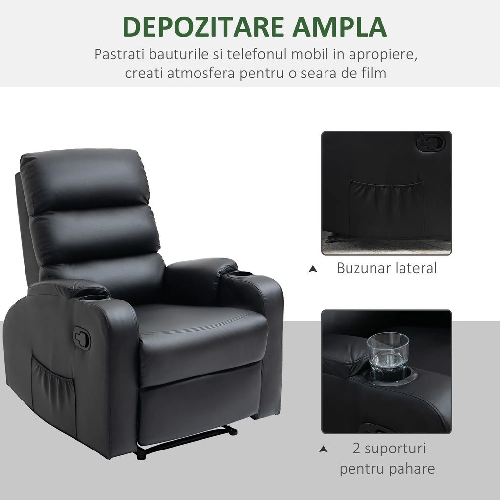 HOMCOM Fotoliu de relaxare rabatabil cu suport pentru picioare reglabil acoperit sintetic, negru, 79x89x100cm