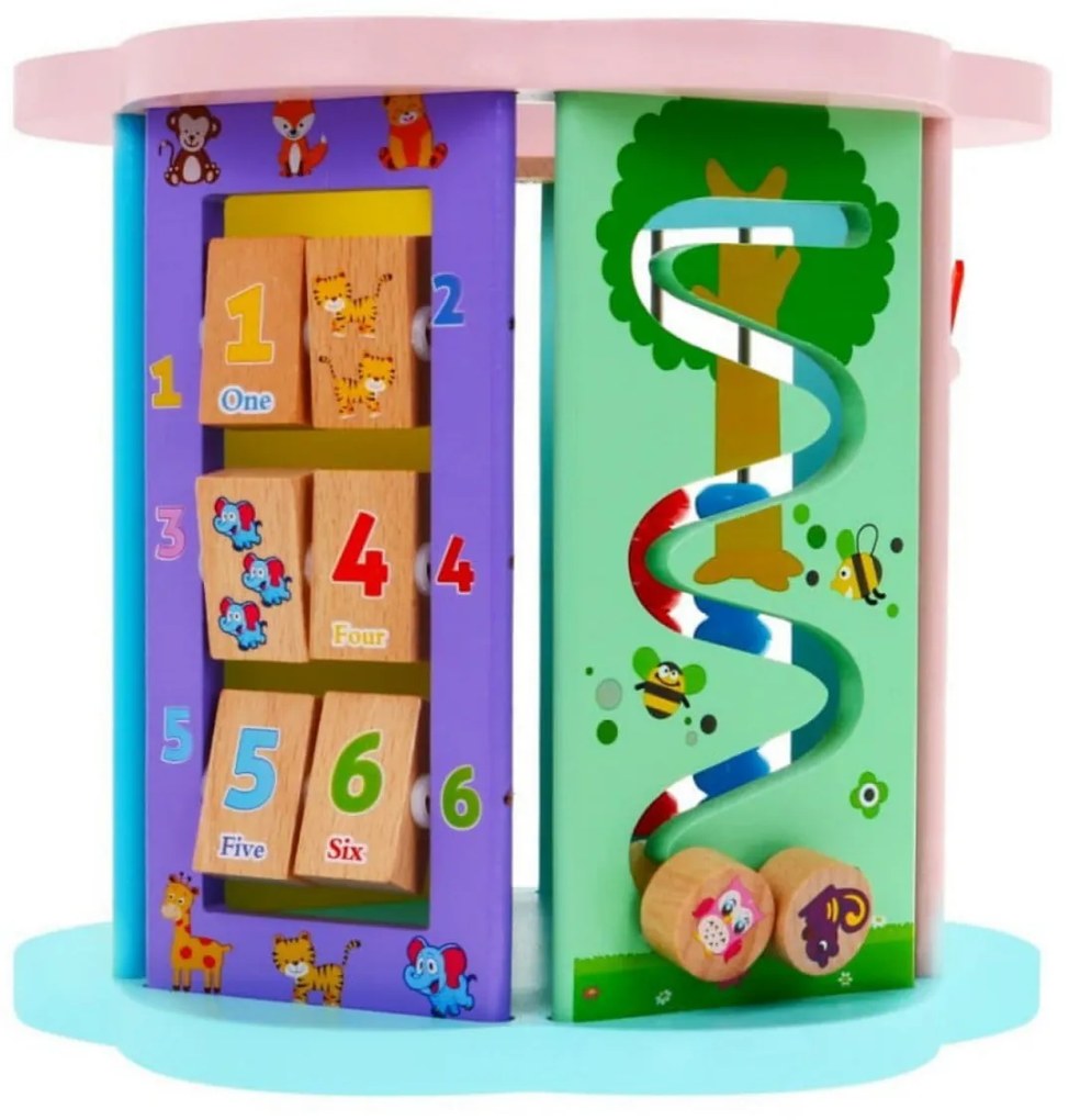 Cub educativ de tip Montessori din lemn masiv NOVOKIDS™ Supreme EduCube, 8 in 1, Cu forme geometrice, Labirint, Numaratoare si masinute, Motricitate