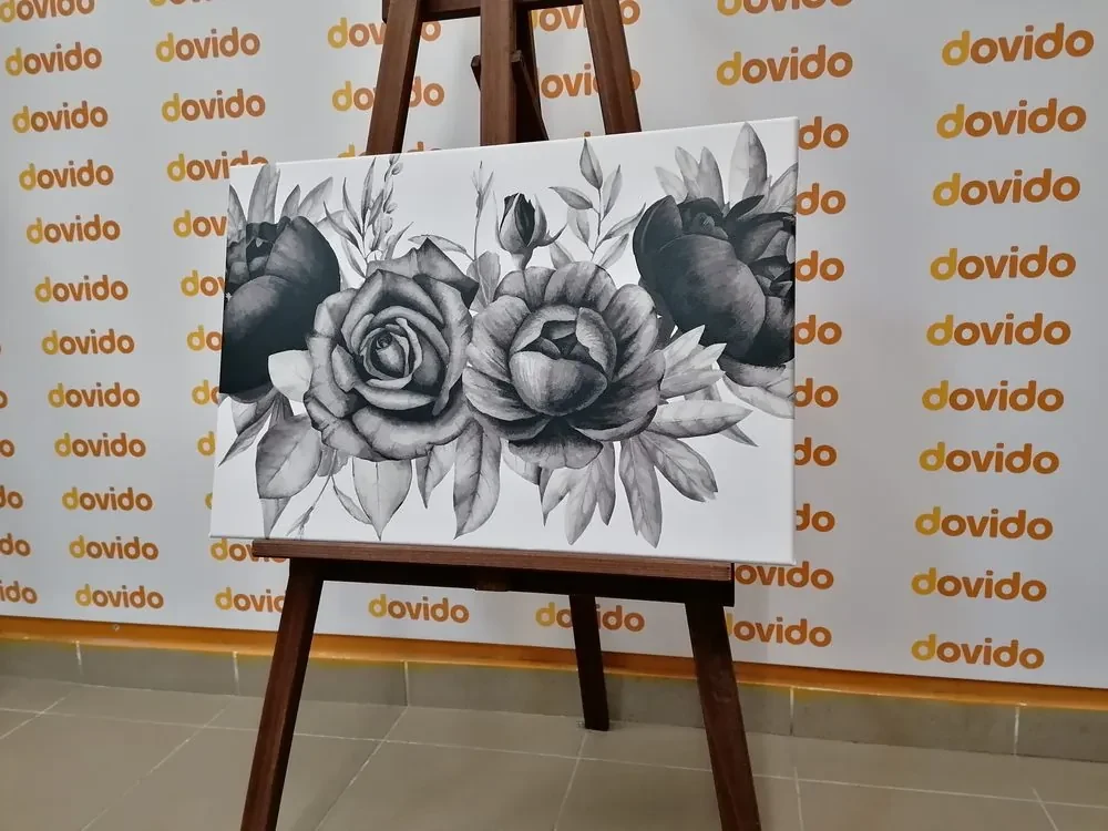 Tablou combinație fermecătoare de flori și frunze în design alb-negru