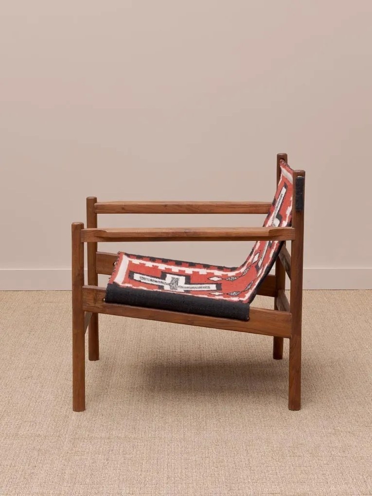 Fotoliu lounge kilim din lână și bumbac cu structură din lemn de acacia, „Frontierra”