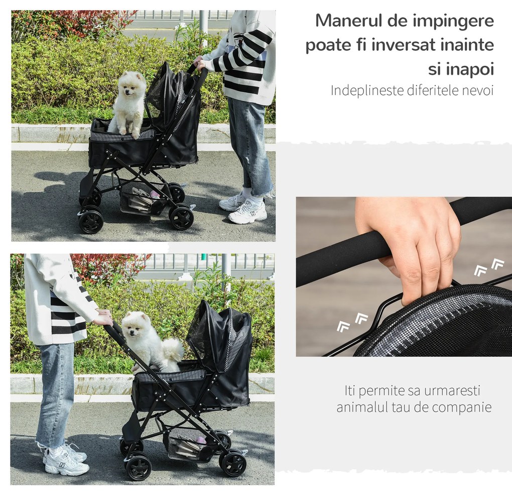 Cărucior pentru Câini Mici PawHut Pliabil cu Mâner Reversibil Roți din EVA, 76.5x52x95cm Negru | AOSOM RO