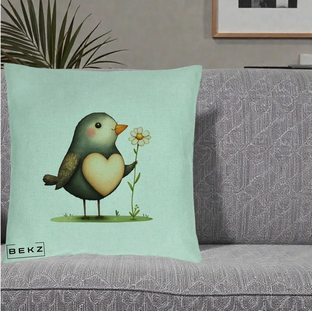 Perna Decorativa Pasare cu Inima si Margareta, 40x40 cm, Verde Menta, Husa Detasabila, Perna Inclusa, BEKZ®