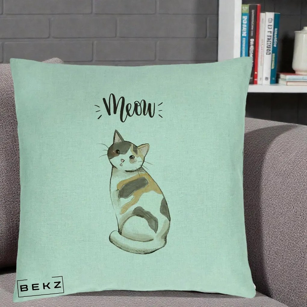 Perna Personalizata Pisica Meow Acuarela, 40x40 cm, Verde Menta, Husa Detasabila, Perna Inclusa, BEKZ®