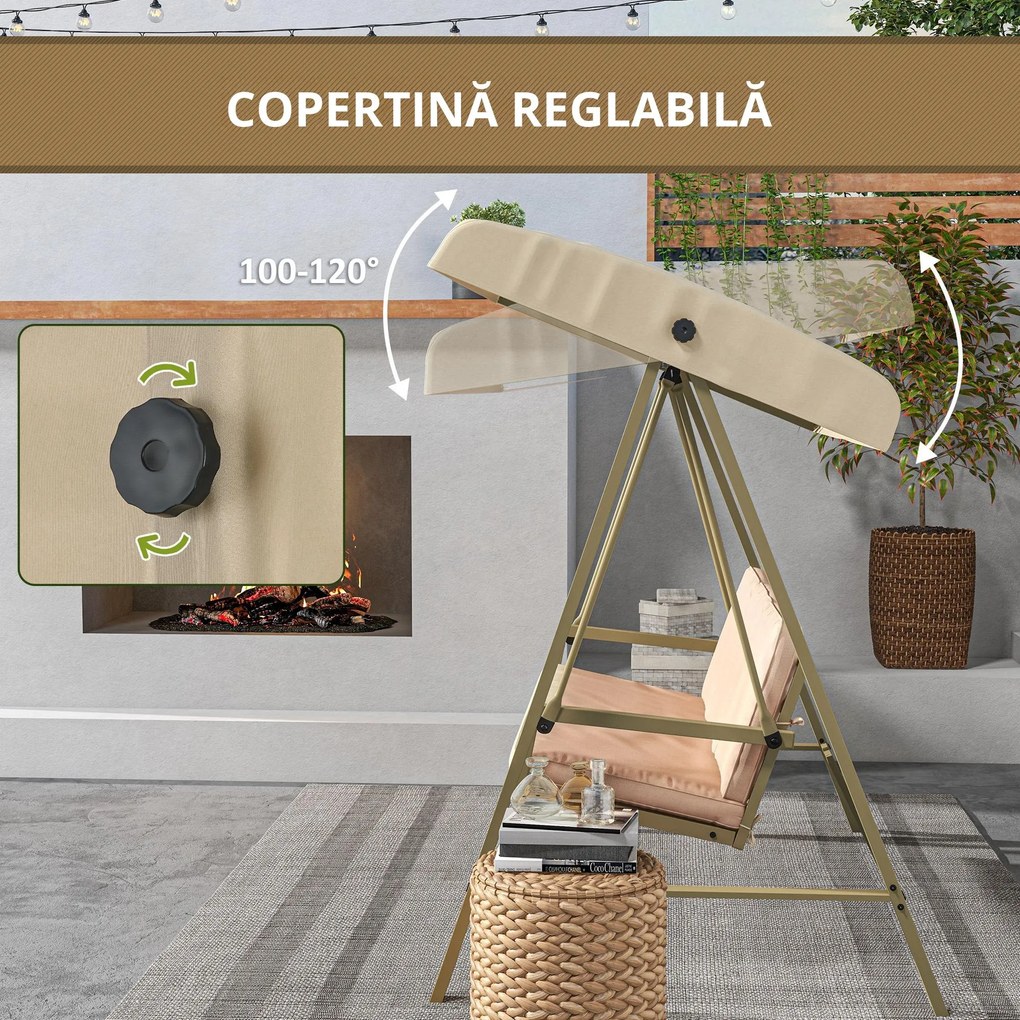 Outsunny Scaun Balansoar de Grădină cu 3 Locuri, Bancă cu Copertină Reglabilă, Perne Detașabile și Cadru din Oțel, 200x125x175 cm, Bej | Aosom Romania