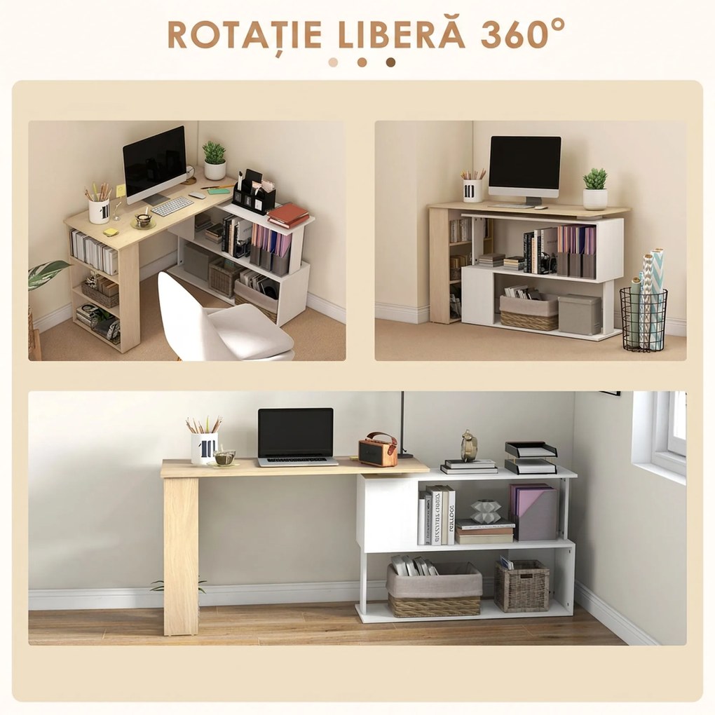 HOMCOM Birou de colț cu blat rotativ 360° și 5 rafturi, 120x110x74,5 cm, culoare lemn, alb | Aosom Romania